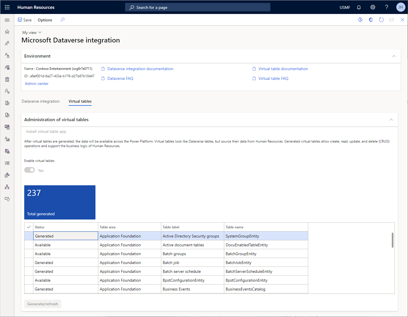 Screenshot della pagina di integrazione di Dataverse.