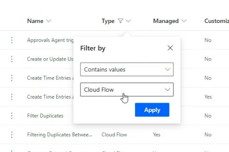 Screenshot che mostra come filtrare i flussi cloud dalla pagina Soluzione.