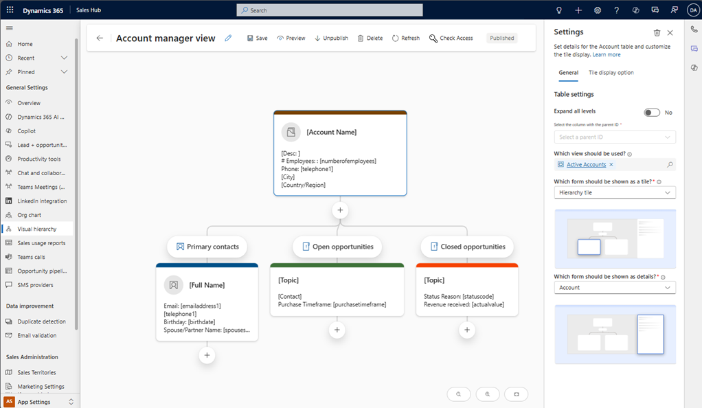 Screenshot di una visualizzazione gerarchia a più tabelle nella finestra di progettazione con Account, Contatto e Opportunità.