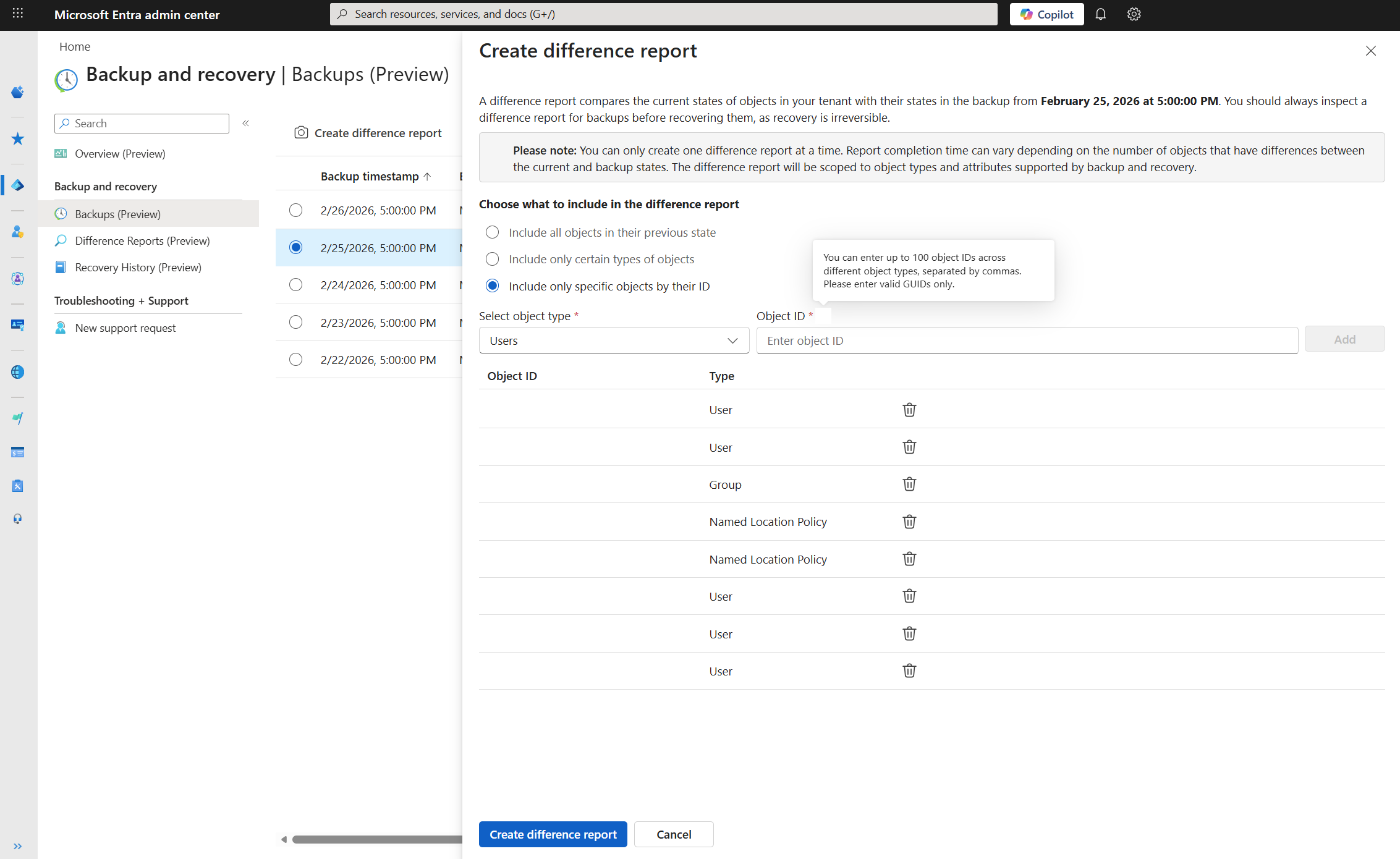 Schermata della finestra di dialogo Crea report delle differenze con l'opzione Includi solo oggetti specifici per ID selezionata.