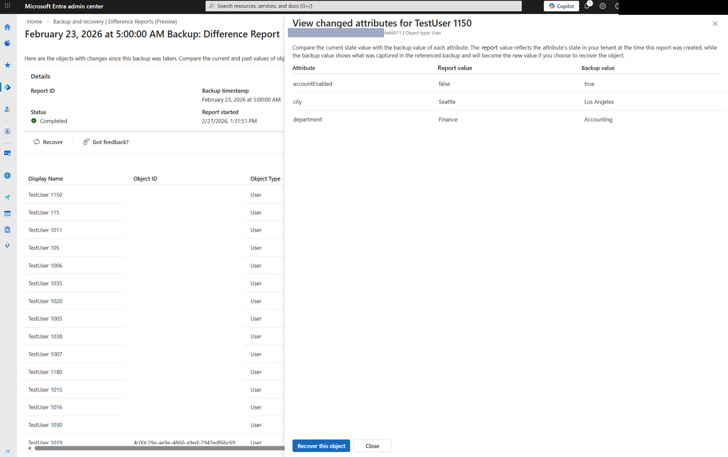 Screenshot del pannello Visualizza attributi modificati che mostra le differenze tra lo stato corrente e i valori di backup.