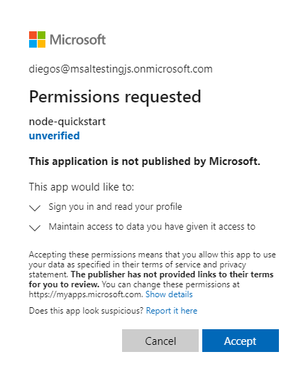 schermata di consenso di Microsoft Entra che visualizza