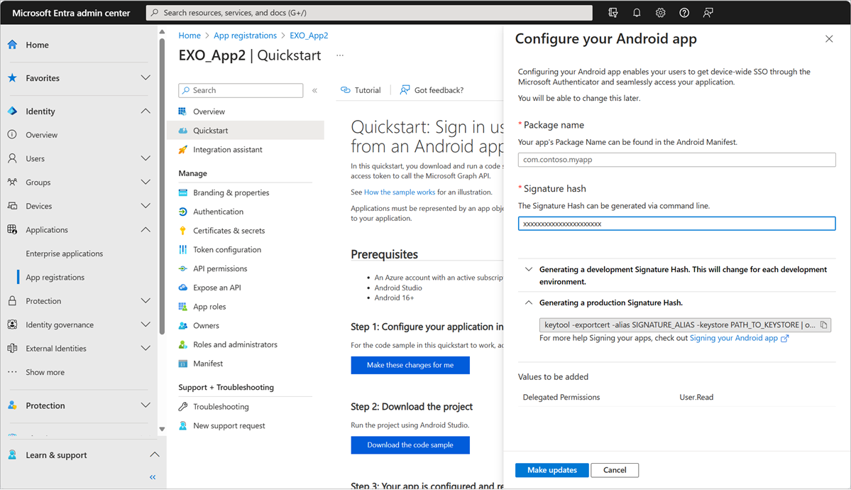 Configura la pagina della tua app Android