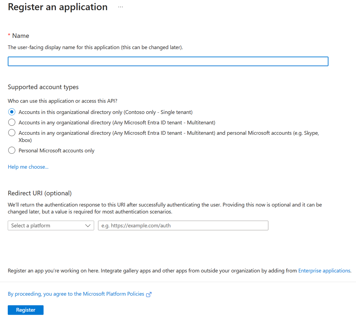 Screenshot che mostra la pagina di creazione della registrazione dell'app nell'interfaccia di amministrazione di Microsoft Entra.