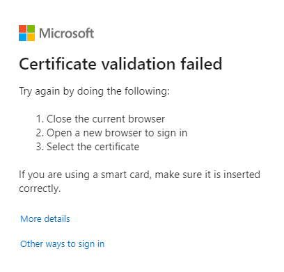 Screenshot che mostra un errore di convalida del certificato.