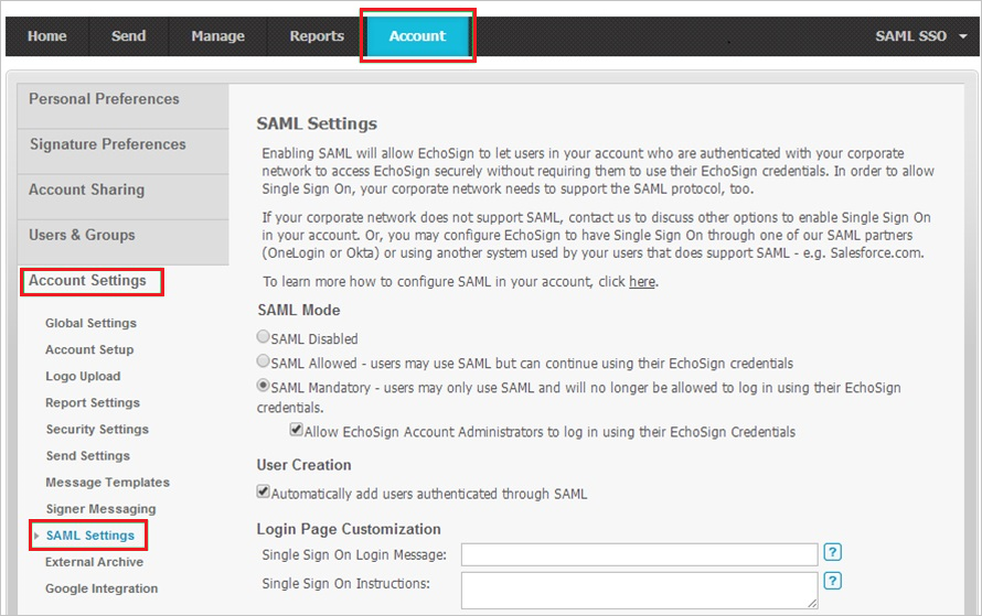 Screenshot della pagina Impostazioni SAML di Adobe Sign.