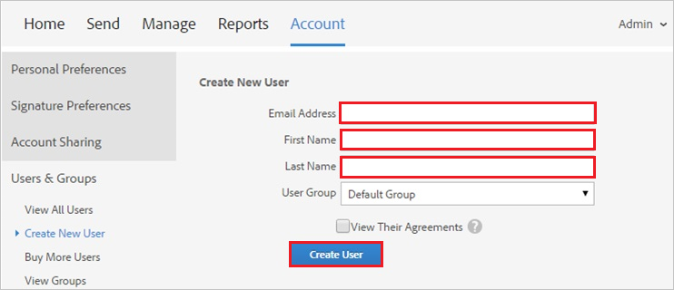 Screenshot della sezione Create New User