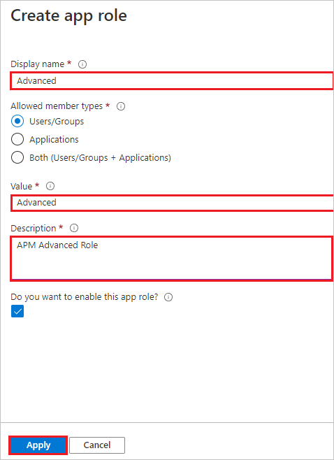 Screenshot della finestra di dialogo Crea Ruolo App con i campi compilati come descritto.