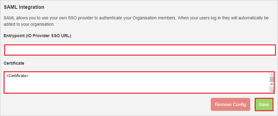 Screenshot mostra la pagina di integrazione SAML in cui è possibile immettere le informazioni in questo passaggio.