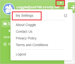 Screenshot mostra il sito aziendale di Coggle con l'opzione Impostazioni personali selezionata.