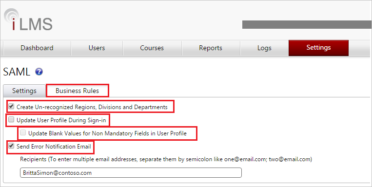 Screenshot mostra le impostazioni delle regole di business in cui è possibile immettere le informazioni in questo passaggio.