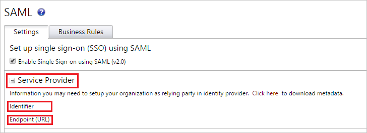 Screenshot mostra le impostazioni SAML in cui è possibile ottenere i valori.
