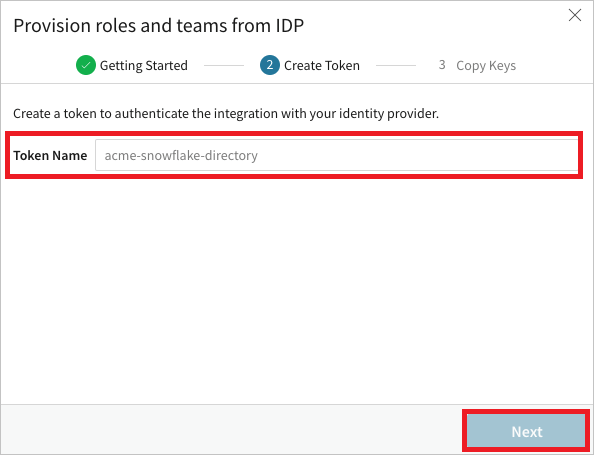 Screenshot dell'opzione Nome del token e Avanti.