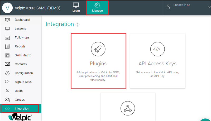 Screenshot mostra la pagina Integrazione in cui è possibile selezionare Plug-in.