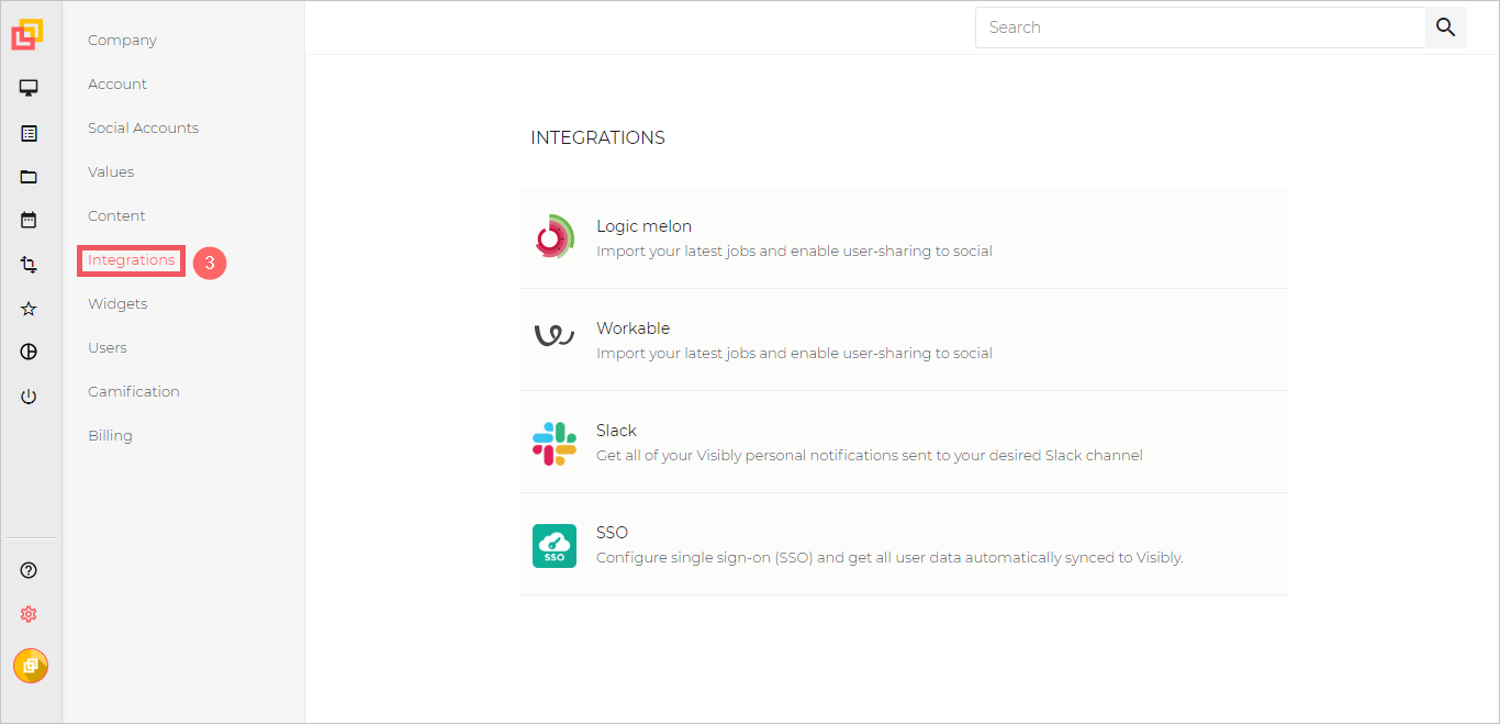 Screenshot mostra le integrazioni selezionate dal menu Impostazioni.