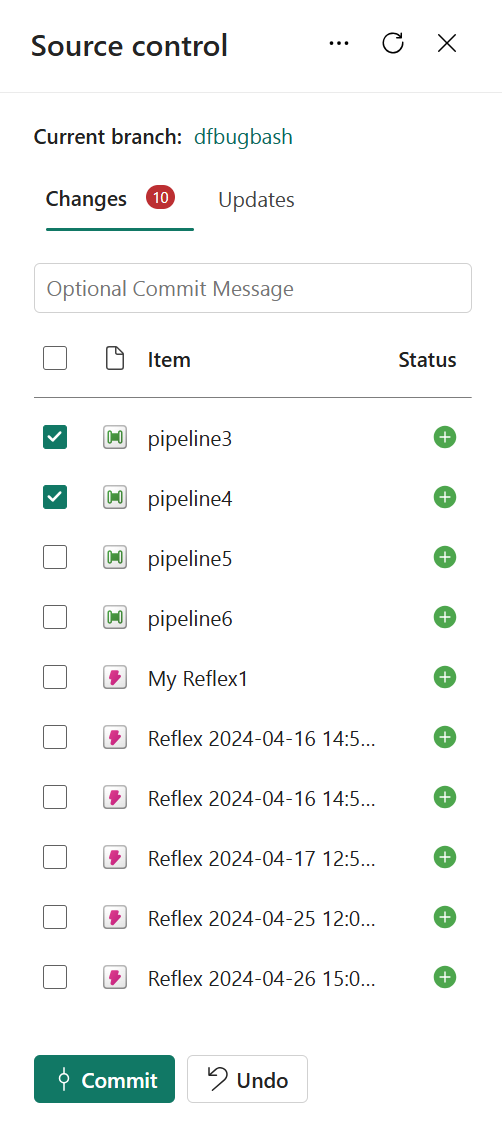 Screenshot del dialogo di controllo della sorgente per un commit Git.