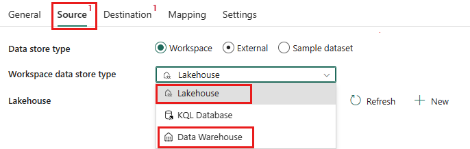 Screenshot che mostra la scheda delle origini del lakehouse e del data warehouse.