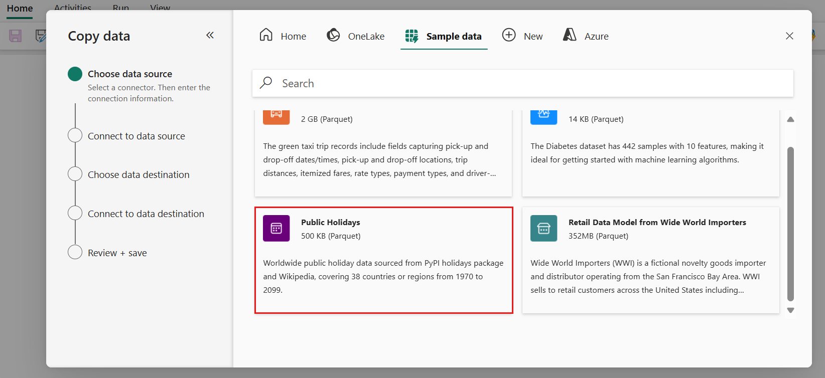 Screenshot della pagina Scegli la fonte dei dati dell'Assistente copia dati con selezionati i dati di esempio Festività pubbliche.