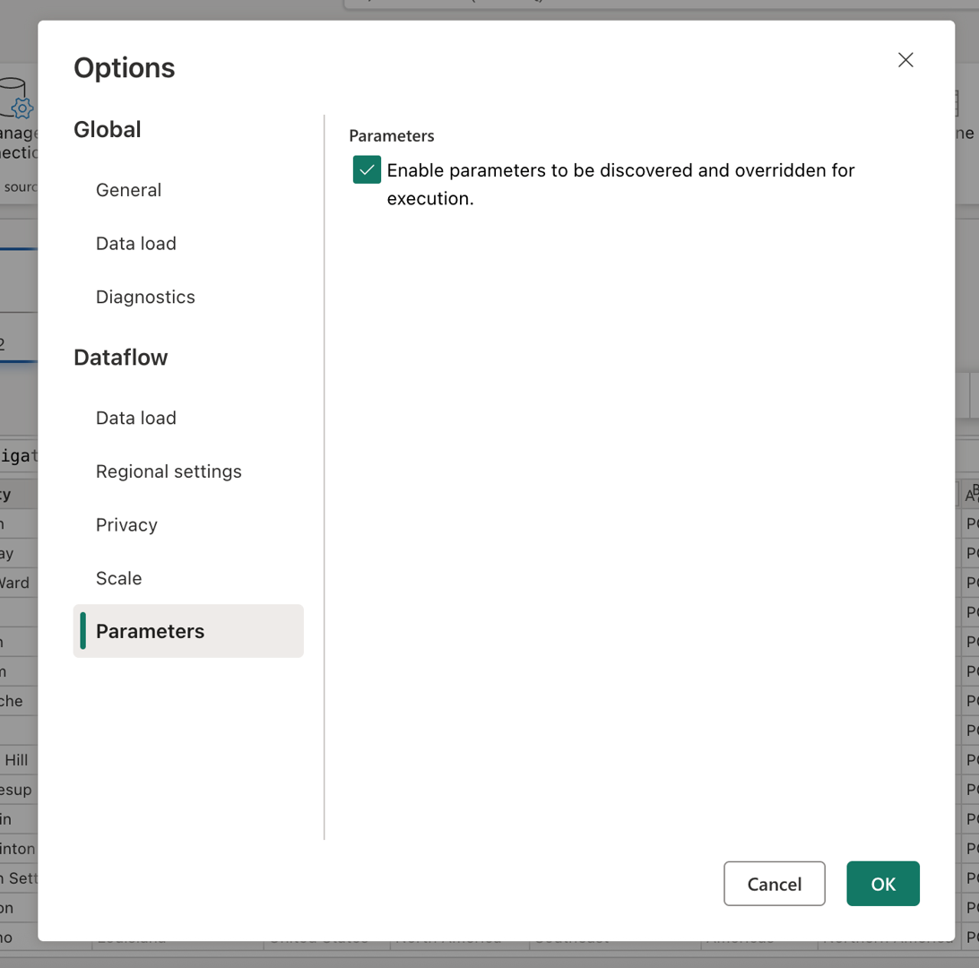 Screenshot della finestra di dialogo delle opzioni in Dataflow Gen2 con la sezione Parametri che mostra l'impostazione 