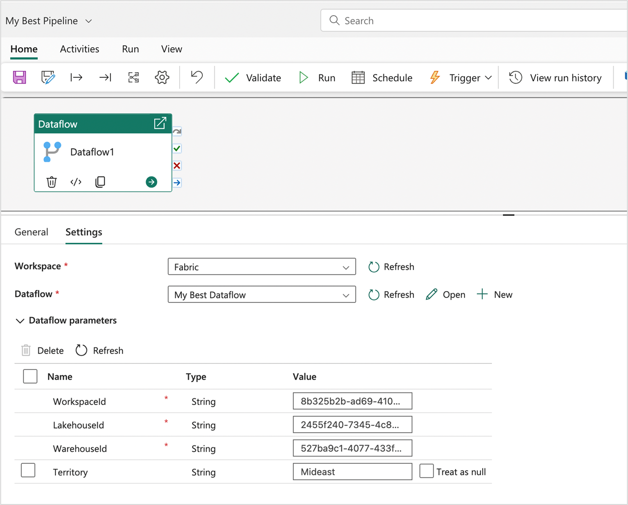 Screenshot dell'attività Dataflow con parametri all'interno di una pipeline.