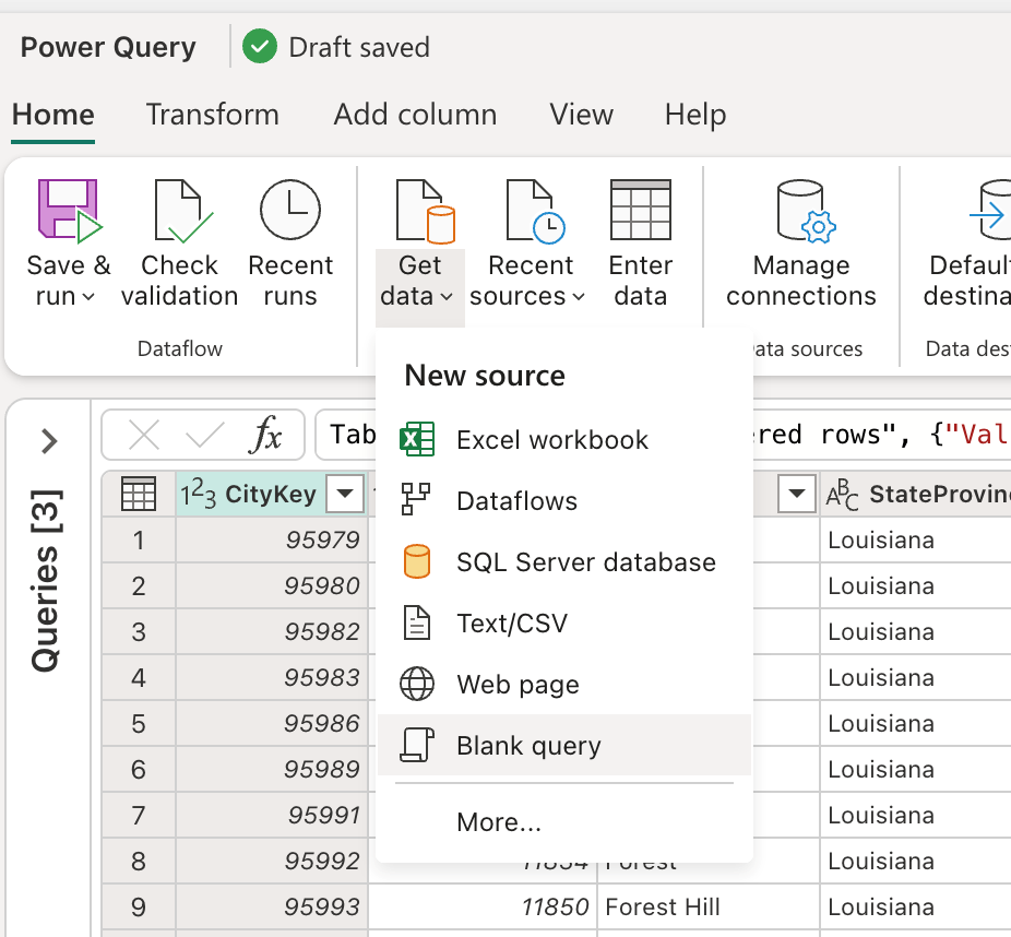 Screenshot della voce Recupera dati nella scheda Home per creare una query vuota.