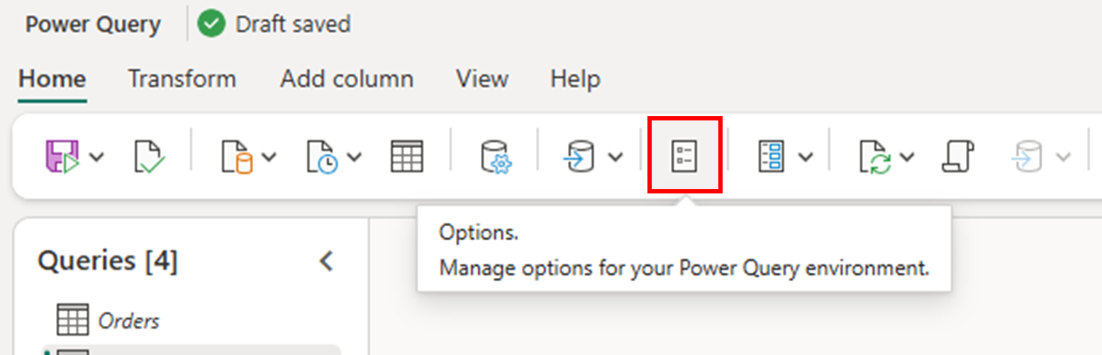 Screenshot del pulsante Opzioni disponibile nella scheda Home della barra multifunzione per l'editor di Power Query.