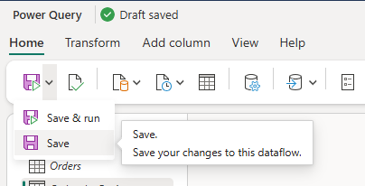 Screenshot delle opzioni per salvare un flusso di dati nella scheda Home della barra multifunzione.