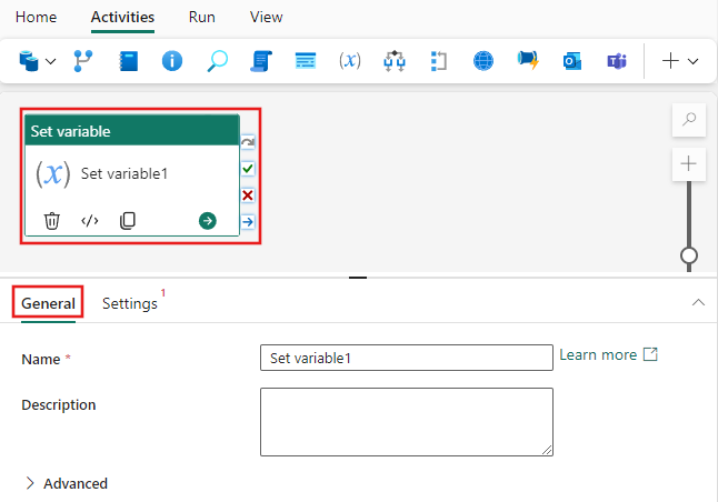Screenshot che mostra la scheda Impostazioni generali dell'attività Imposta variabile.
