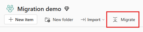 Screenshot dal portale Fabric del pulsante Migrate nella barra delle azioni degli elementi.
