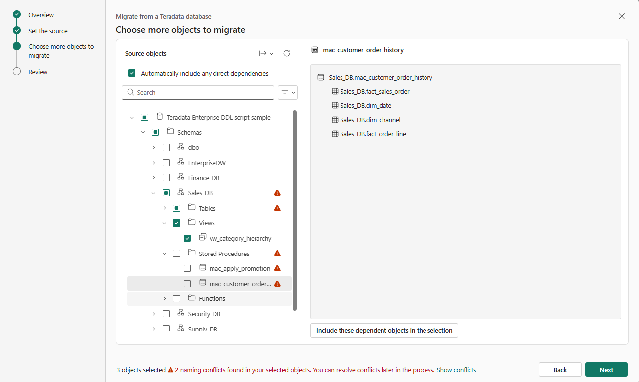 Screenshot delle dipendenze dirette per un oggetto selezionato.
