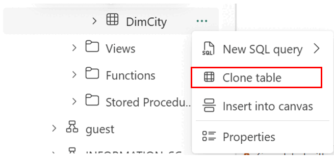Screenshot che mostra il punto di accesso per il menu di scelta rapida della tabella clonata.