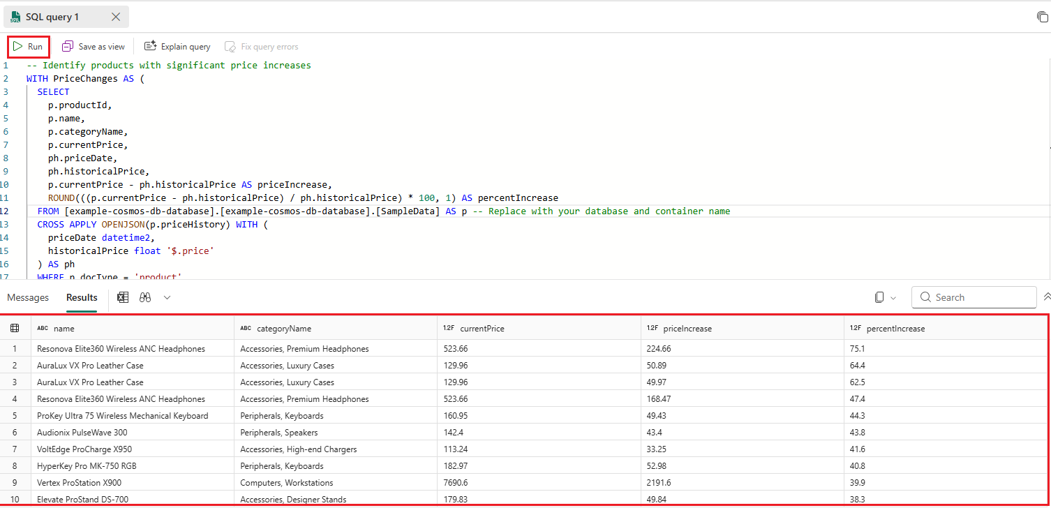 Screenshot di una query Transact-SQL (T-SQL) OPENJSON utilizzando l'editor di query nell'endpoint di analisi dei dati SQL per uno scenario avanzato.