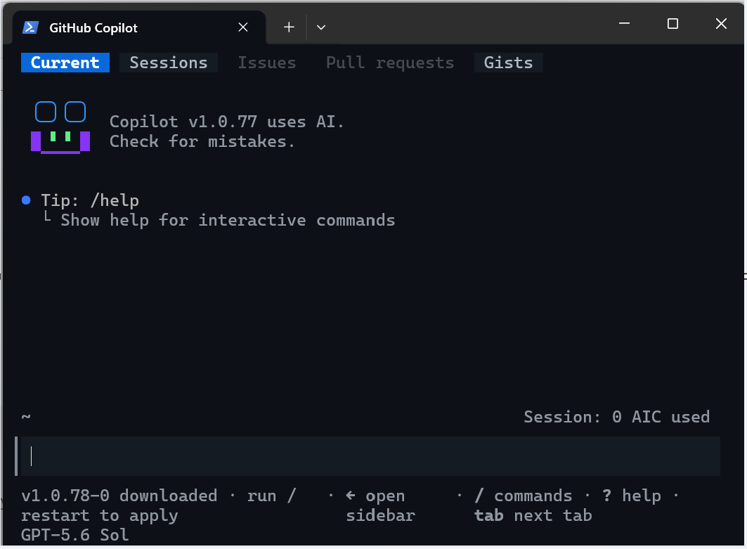 Screenshot di un terminale PowerShell che mostra l'interfaccia GitHub Copilot.