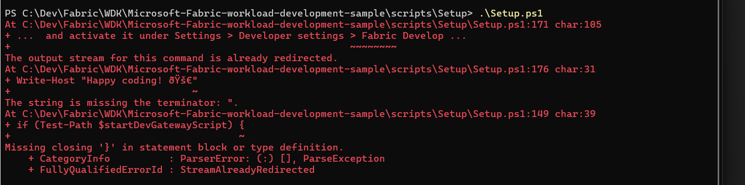 Screenshot dell'errore di installazione di PowerShell.