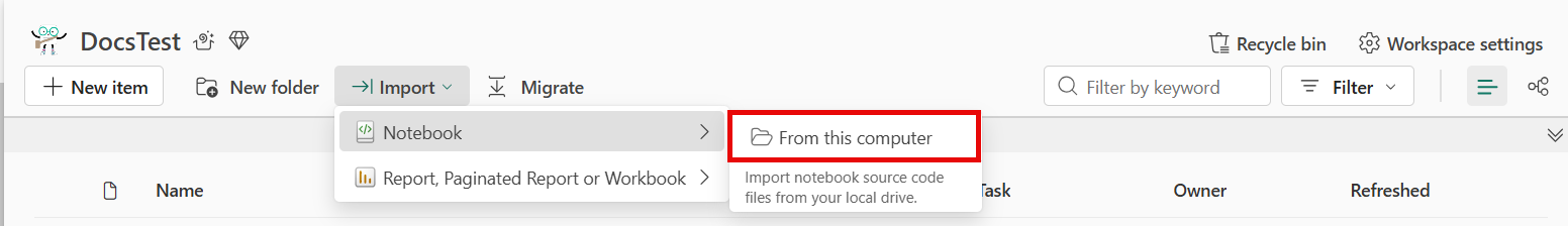 Screenshot dell'area di lavoro per importare un menu notebook.