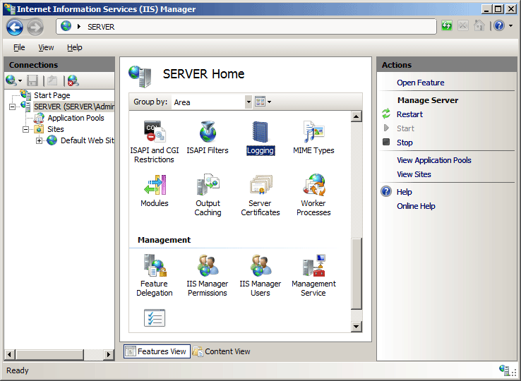 Screenshot dell'icona Registrazione selezionata nel riquadro Home SERVER.
