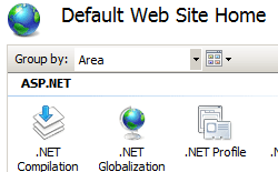 Screenshot della schermata Home del sito Web predefinito, che mostra le opzioni dot NET Compilation, dot NET Globalization e dot NET Profile.