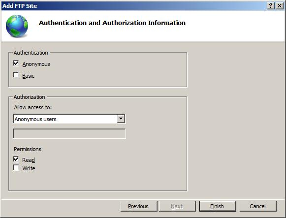 Screenshot delle opzioni Informazioni di autenticazione e autorizzazione specificate.
