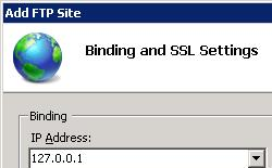 Screenshot che mostra la finestra di dialogo Aggiungi sito F T P per Binding e S L Settings.