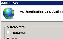 Screenshot che mostra la finestra di dialogo Aggiungi sito F T P per Le informazioni di autenticazione e autorizzazione.