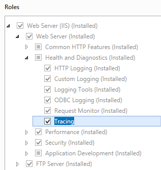 Screenshot della traccia selezionata in Integrità e diagnostica in un elenco di server Web espanso.