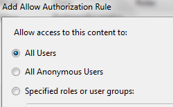 Screenshot della schermata Aggiungi regola di autorizzazione consenti con l'opzione Consenti accesso a questo contenuto a Tutti gli utenti selezionata.