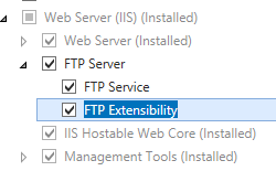 Immagine dei nodi server Web I e F T P Server espansi e estendibilità F T P evidenziata.