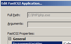Screenshot che mostra la finestra di dialogo Modifica applicazione Fast C G I con i campi Percorso completo e Argomenti.
