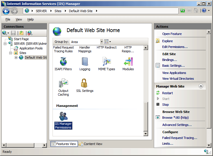 Screenshot della home page del sito Web predefinito. L'icona per I S Manager Permissions è evidenziata.