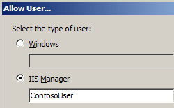 Screenshot che mostra la finestra di dialogo Consenti utente, con L'opzione I S Manager selezionata e Contoso User aggiunta al campo.
