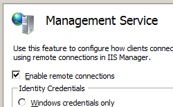 Screenshot che mostra il riquadro del servizio di gestione. Abilitare le connessioni remote e sono selezionate le credenziali di I S Manager.