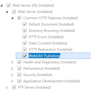 Immagine del server Web e del riquadro Funzionalità common H T T P espanse e Pubblicazione DAV Web selezionata.