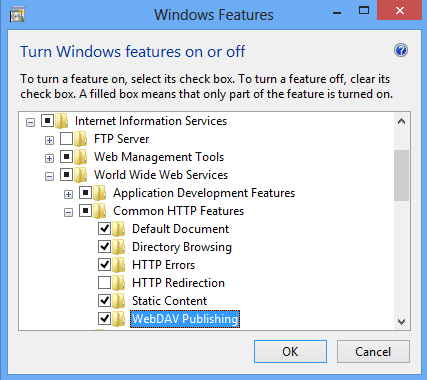Immagine del riquadro Funzionalità comuni H T T P in Attivare o disattivare le funzionalità di Windows espanse con Pubblicazione DAV Web selezionata.