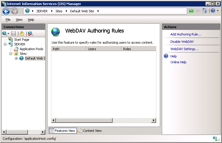 Screenshot della pagina Regole di creazione WEB DAV con impostazioni DAV Web visualizzate nel riquadro Azione.